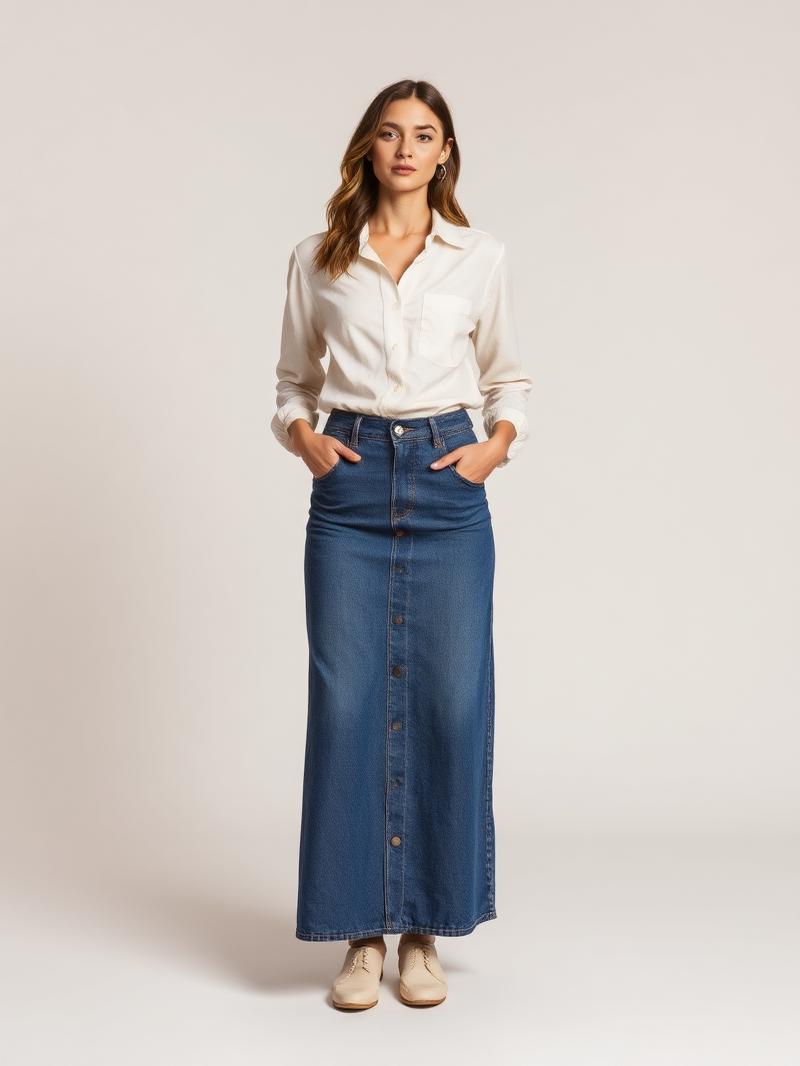 Saia Midi Jeans Botões